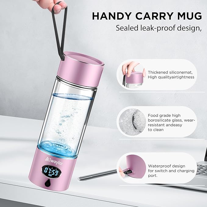 Hydrogen Water Bottle - Portable, Rechargeable, LED Timer,3 Work Mode, Aluminum and Glass,360ML,Hydrogen Water Ionizer Machine with PEM/SPE Technology, Suitable for Office,Home,Gym Outdoor