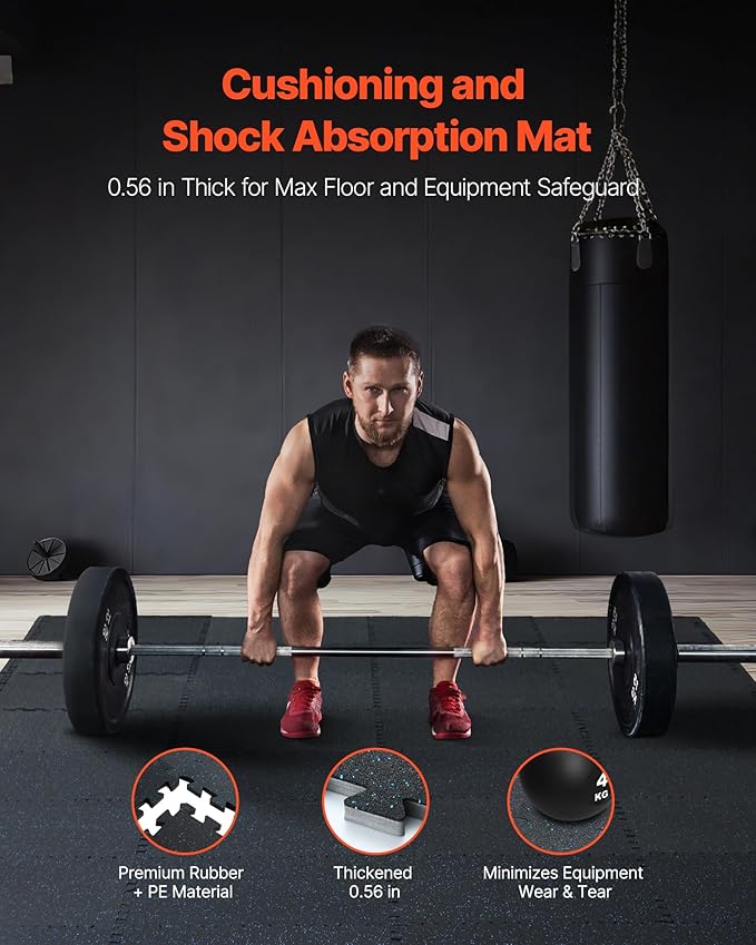 VEVOR 0.56 Inch Thick Gym Floor Mats, Rubber Top with EVA Foam, 25" x 25" Gym Flooring Workout Mats, Interlocking Puzzle Gym Mats for Gym, Home, Garage