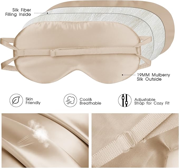 Silk Sleep Mask for Women/Men/Adults with Adjustable Strap Light Blocking Real Silk Eye Mask for Sleeping Plane/Side Sleeper/Travel,Champagne
