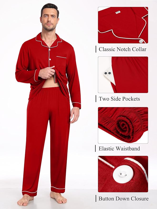 Men Modal Pajama Set Long Sleeve Pjs Button Down Sleepwear Soft Comfy Loungewear Sets 2 Piece Nightwear S-3XL