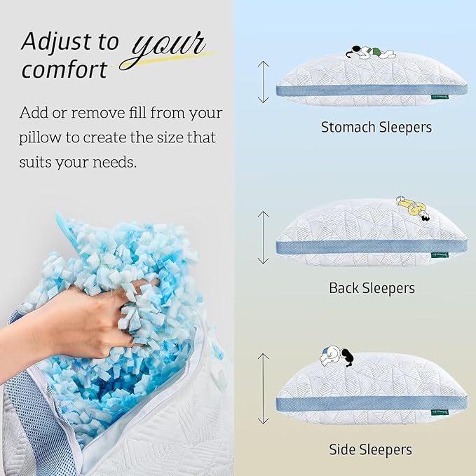 BETU Cooling Pillows Standard Size Set of 2, Shredded Memory Foam Cool Pillows for Hot Sleepers, Adjustable Firm Soft Support Bed Pillows Perfect for Back Neck Pain and Side Sleeping, Blue