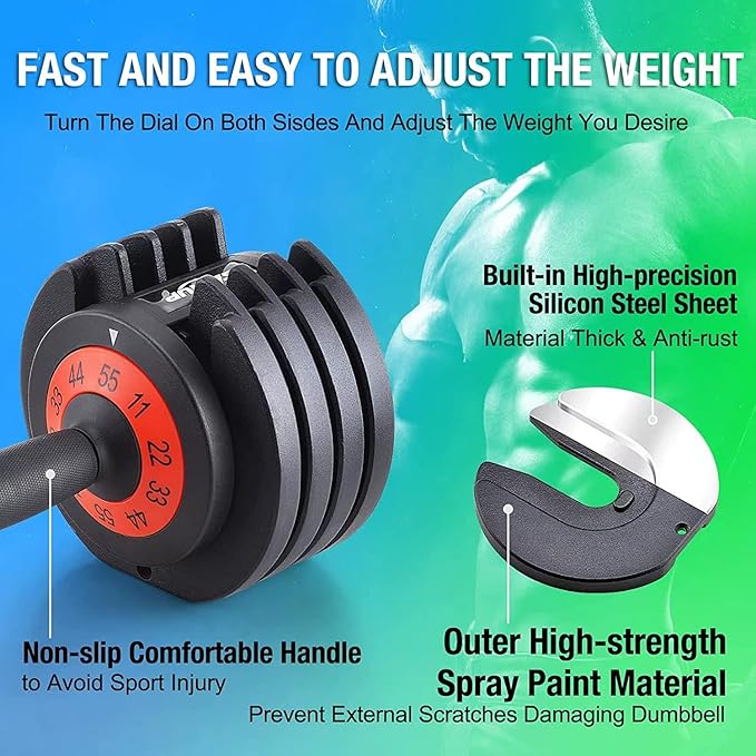 25/55 lbs Pair Adjustable Dumbbells Set, Adjustable Weights Dumbbells Set for Men and Women with Anti-Slip Fast Adjust Weight by Turning Handle,Black Dumbbell with Tray