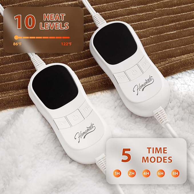 Homemate Electric Heated Blanket King Size - 100"x90" Heating Blanket King Size Dual Control 1/2/4/6/8 Hours Auto-Off 10 Heat Level Over-Heat Protection Soft Flannel Sherpa ETL Certification