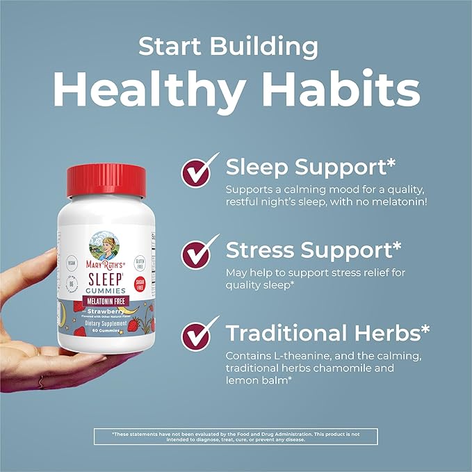 MaryRuth Organics Sleep Gummies | Sugar Free | NO Melatonin | L Theanine | Lemon Balm Leaf | Chamomile | Vitamin B6 | Relaxation & Sleep Support | Stress Relief | Vegan | Gluten Free | 60 Count