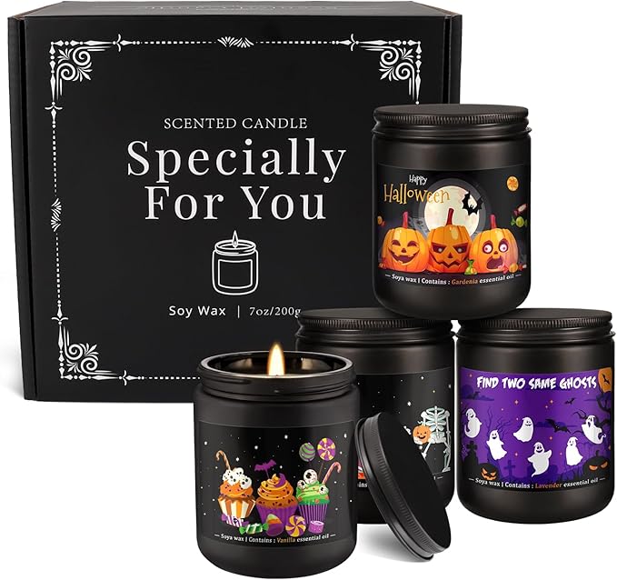 Halloween Scented Candle Set, 4-Pack 7oz Soy Wax Candles with 4 Fragrances, Long-Lasting Burning for Halloween, Christmas, Home Decor, Rituals & Themed Parties.