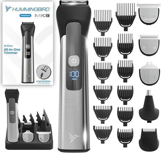 HUMMINGBIRD MK9 MasterGroom All-in-One Trimmer – 21-Piece Men's Grooming Kit for Beard, Head, Hair, Body, and Face, Waterproof, Stainless Steel, USB C Rechargeable, LED Display