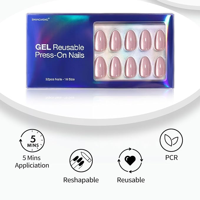 Pink Cat Eye Press on Nails Short - Soft Gel Press on Nails Almond for Women Gift, Fit Perfectly & Natural Glue on Nails in 16 Sizes - 32 Reusable Fake Nails with Glue, Beige Pink