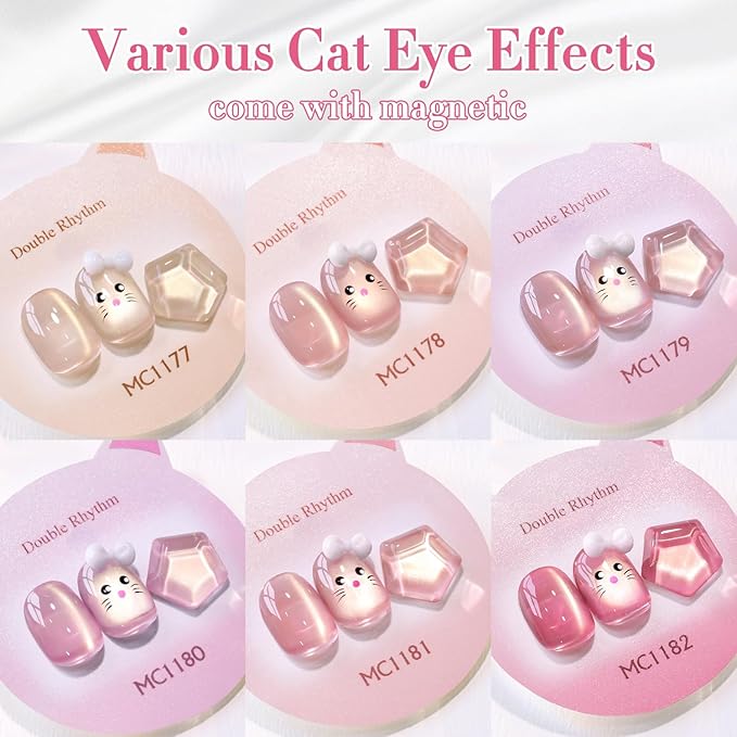 Double Rhythm 6 Colors Cat Eye Gel Polish Set Shimmer Glitter with Magnet Holographic Reflective Magnetic UV Nail Art Kit (6-Kit-51)