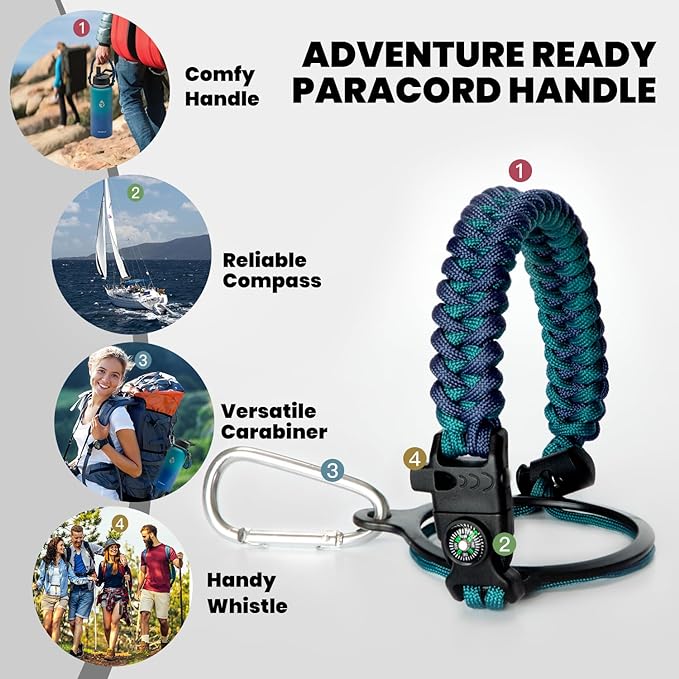 Insulated Water Bottle 32 oz, Triple Wall Vacuum Stainless Steel (Cold for 48 Hrs), Leak Proof & Non-BPA, Modern Water Flask Jug with Paracord Handle & Straw Spout Lids, Cyan Blue