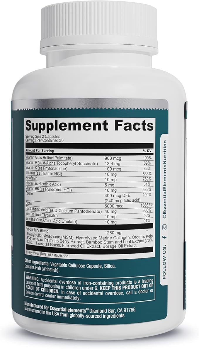 Essential Elements Hair Hero - Hair Supplement for Women and Men - Powerful Hair Vitamin Formula for Hair Growth & Thickness - Healthy Hair, Skin, and Nails Product - 5000 mcg Biotin, 30 Day Supply