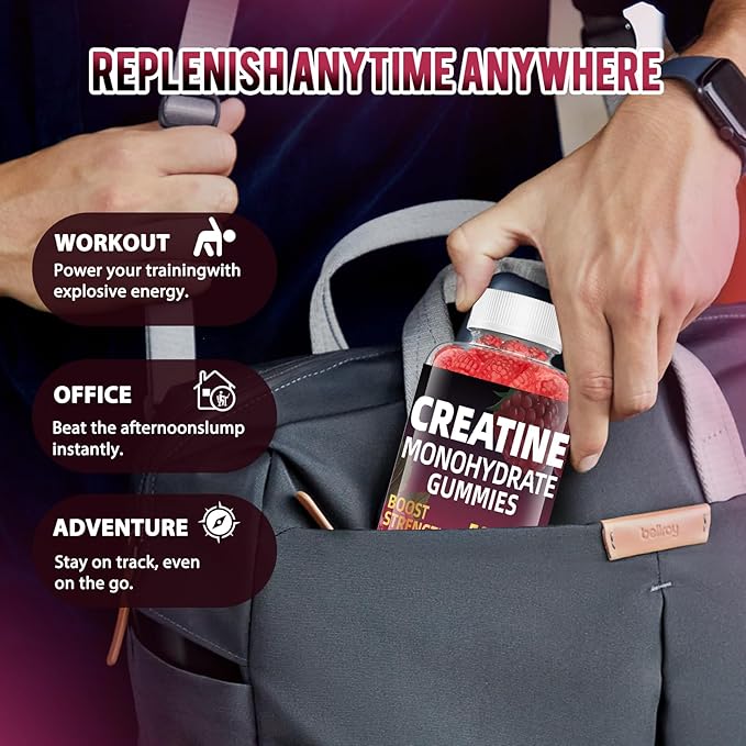 Creatine Monohydrate Gummies, Sugar Free & Gelatin Free, Raspberry Flavor, 60 Count Creatine Monohydrate Gummies for Men & Women, Muscle Growth, Strength & Energy Support