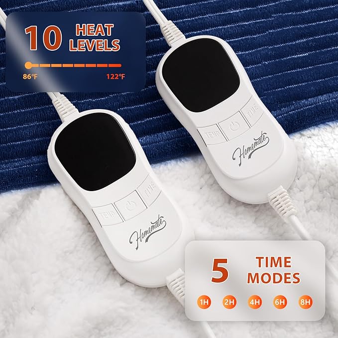 Homemate Electric Blanket Queen Size - 84"x90" Heated Blanket Queen Size 1/2/4/6/8 Hours Auto-Off 10 Heat Levels Over-Heat Protection Soft Flannel Sherpa ETL Certification
