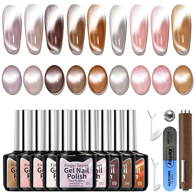 Gel Nail Polish Set, Cat Eye Gel Polish Kit, Holographic Reflective Magnetic Shimmer Glitter Brown White Pink Skin Tones Black Gel, Manicure Salon DIY Gifts, Soak Off, UV/LED Cured (9 Colors D)