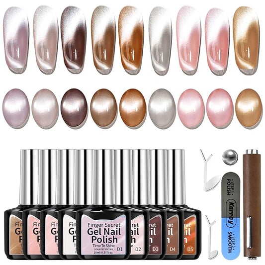 Gel Nail Polish Set, Cat Eye Gel Polish Kit, Holographic Reflective Magnetic Shimmer Glitter Brown White Pink Skin Tones Black Gel, Manicure Salon DIY Gifts, Soak Off, UV/LED Cured (9 Colors D)