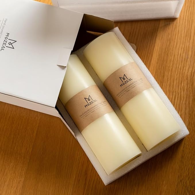 MOZEAL 4" x 12" Extra-Large Ivory Pillar Candles (Set of 2), Unscented,Dripless, Smokeless,Long Clean-Burning,These Tall 12 inch Large Ivory Pillar Candles Perfect for Weddings and Christmas Decor