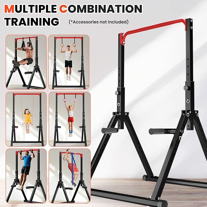 DOBESTS Foldable Power Tower Pull Up Bar Dip Station Adjustable Multifunction Workout Pull Up Tower Station Gym Strength Training Equipment for Home Outdoor, Triangular Legs, Support 700lbs