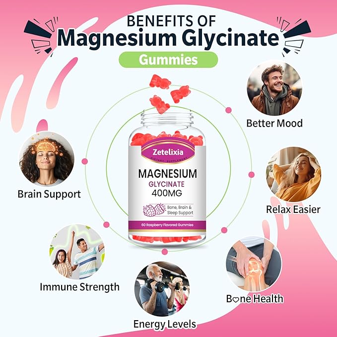 Magnesium Glycinate Gummies, High Absorption Magnesium Glycinate Supplements for Relaxation, Sugar Free Chews for Adults & Kids, Raspberry Flavor 60 Cts