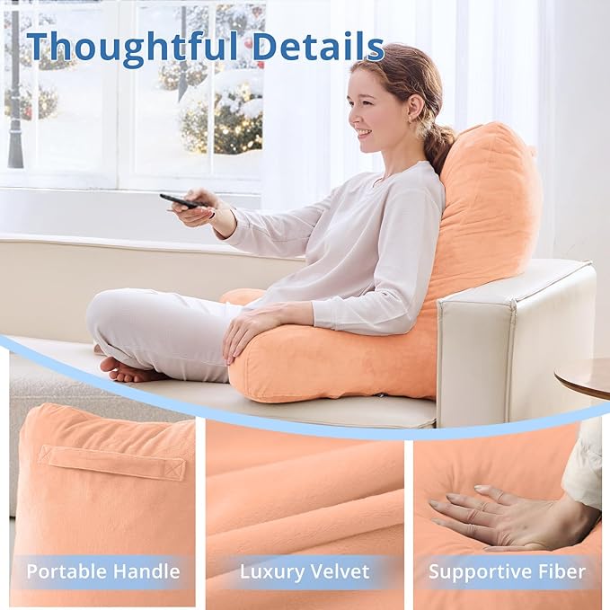 Sasttie 25-inch Reading Pillows for Sitting in Bed Adult, Jumbo Velvet Back Pillow Bed Sitting Up, XL High Back-Rest Support Cushion for Sit Up on Couch & Floor, Oeko-Tex Certified, Light Salmon