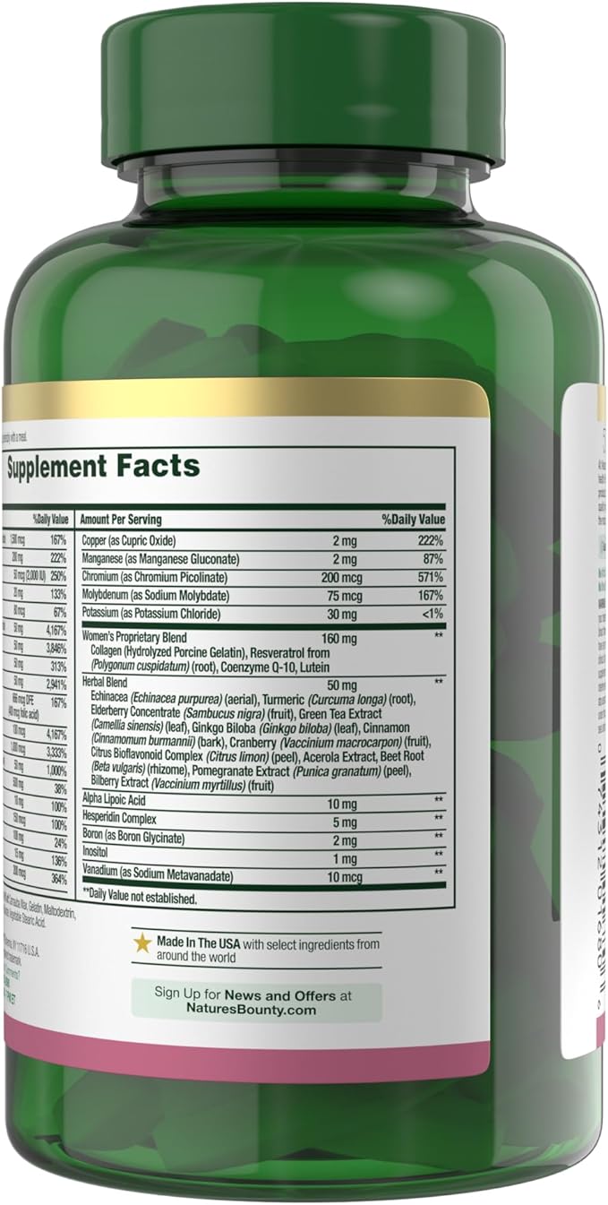 Nature’s Bounty High Potency Women’s Complete Multivitamin, Daily Vitamin with Vitamin C, Supports Heart Health & Immune Function, Essential Nutrition for Women, 120 Caplets