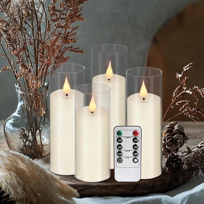 Flickering Flameless Candles Battery Operated with Remote,Led Pillar Candles with Realistic Moving Wick Candles for Halloween,Christmas,Home Decor Pack of 24 (D2.2 xH 5" 6" 7")(Ivory)