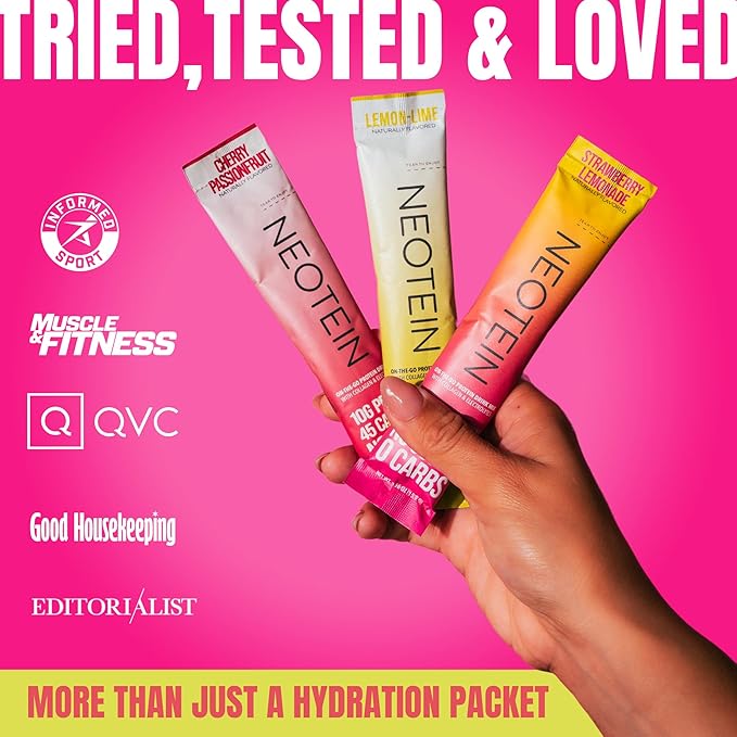 NEOTEIN: Electrolyte Powder Packets, Protein Powder with 10g Protein & Collagen | Hydration Packets - Zero Sugar, NO Fillers, NO Carbs | Strawberry Lemonade | 40 Calories | Keto & Paleo | Pack of 15