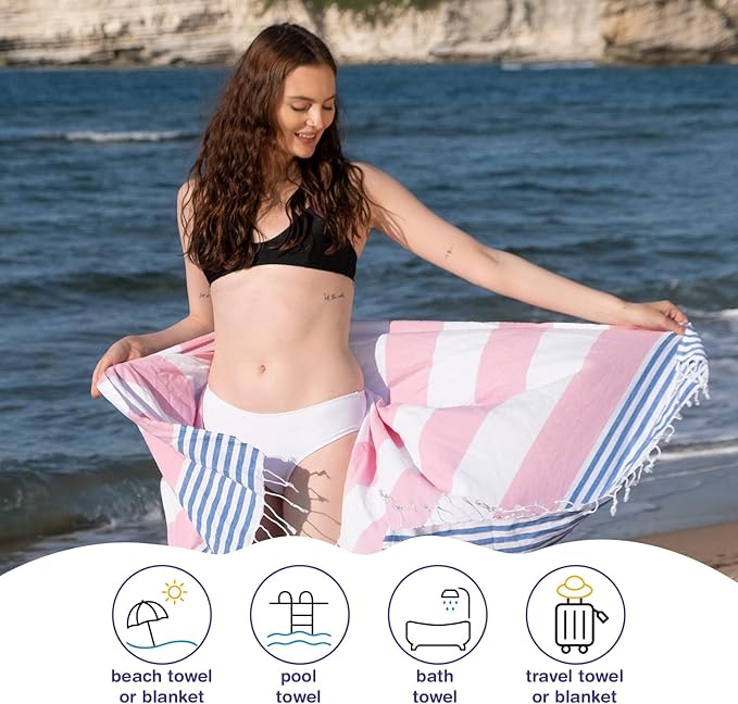 Oversized Turkish Beach Towel 38’’x71’’ - Set of 4 | 100% Turkish Cotton Lightweight Sand Free Quick Dry Pool Towels | Extra Large Bath Towels for Adults Beach Blanket Essentials
