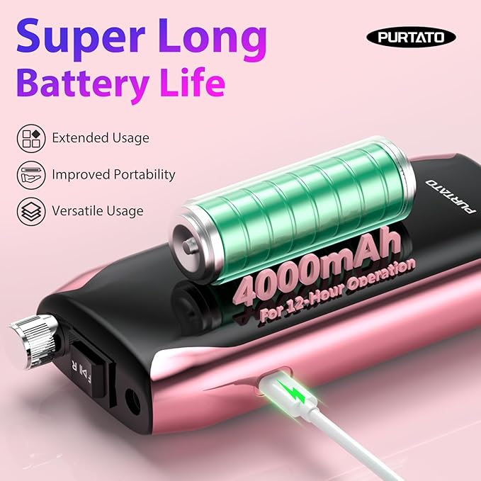 Professional Nail Drill 40,000 RPM, Rechargeable,LCD Display E File Machine for Acrylic Nails Gel Polishing Removing Portable Nails Efile Tools for Manicure Salon & Home (Pink)