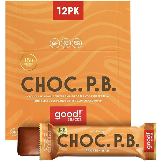 good! Snacks Chocolate Peanut Butter Vegan Protein Bar, Soy & Gluten Free, Plant Based, Low Sugar, 15g Clean Protein, Natural Healthy Snack, Kosher Friendly, For Athletes & Active Lifestyles, 12 Bars