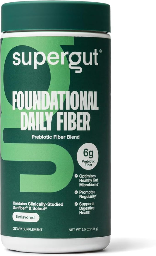 Supergut Foundational Daily Fiber Powder, Sugar Free & Vegan Prebiotic Fiber Blend for Gut Health & Digestive Support, Supplement for Men & Women with Solnul & Sunfiber, Unflavored, 20 Servings