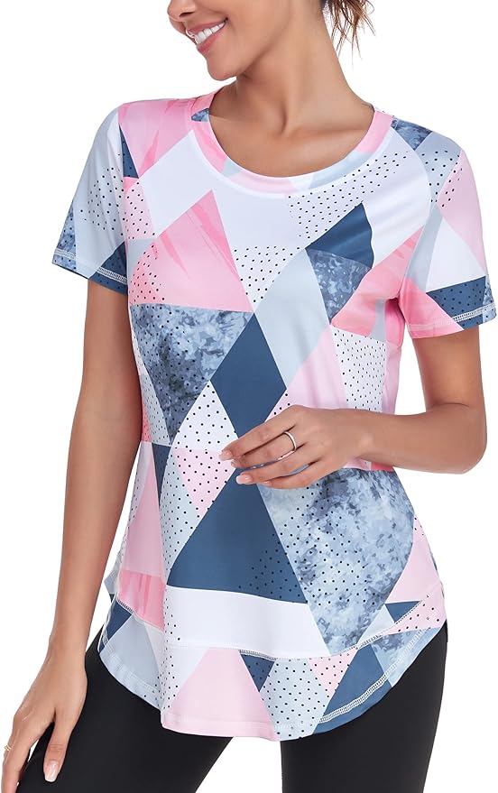 Women's Short Sleeve Workout Shirts Crewneck Sports Yoga Running Dry Fit Tops Side Split Tee