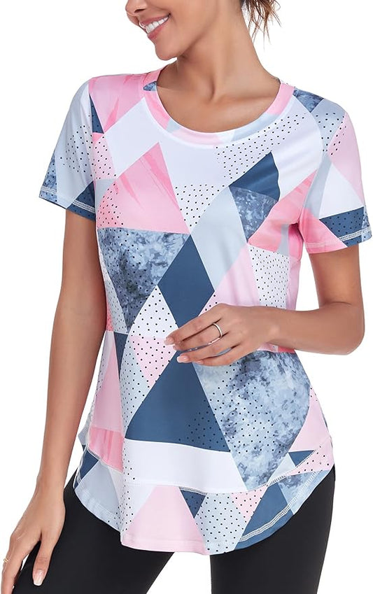 Women's Short Sleeve Workout Shirts Crewneck Sports Yoga Running Dry Fit Tops Side Split Tee