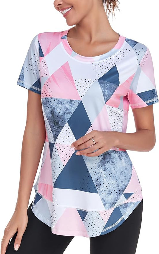 Women's Short Sleeve Workout Shirts Crewneck Sports Yoga Running Dry Fit Tops Side Split Tee