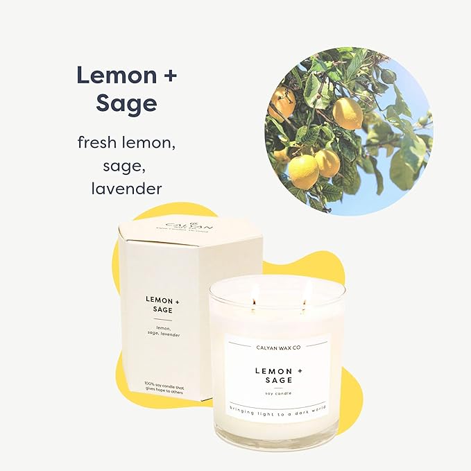 Calyan Wax Co. 2 Wick Candle, Lemon + Sage Scented Candle, 37 Hour Burn Time, Aromatherapy Soy Candles, Non Toxic & Vegan Soy Wax, Glass Tumbler Scented Candles, 8.8oz