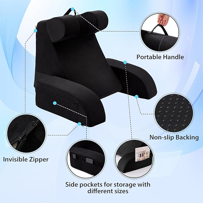 Reading Pillow for Sitting in Bed Adult, Back Pillow for Bed Sitting up, Backrest Pillow with Arms, Back Support Pillows for Gaming Lounging Watching TV, Large 21" Black