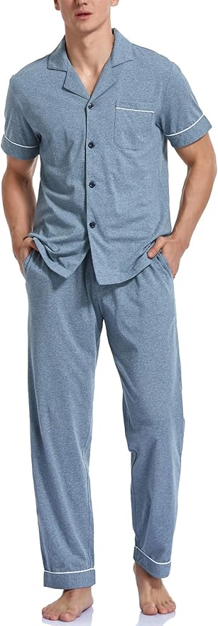 COLORFULLEAF Men's 100% Cotton Pajamas Set Button Down Sleepwear Short Sleeve and Long Pants Pjs
