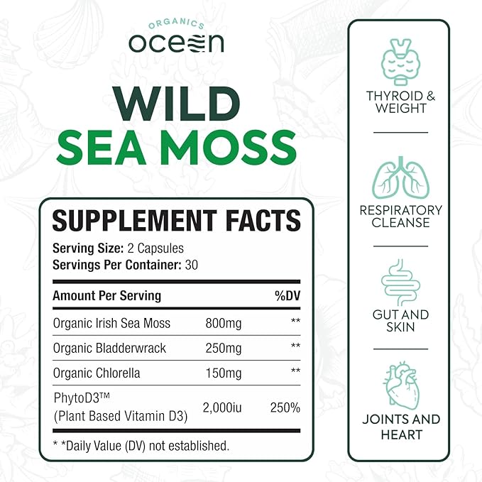 Organics Ocean Wild Sea Moss Capsules - 100% Organic Irish Sea Moss with Organic Chlorella, Bladderwrack and Vitamin D for Energy, Lung Health and Thyroid Support for Women and Men - 60 Capsules