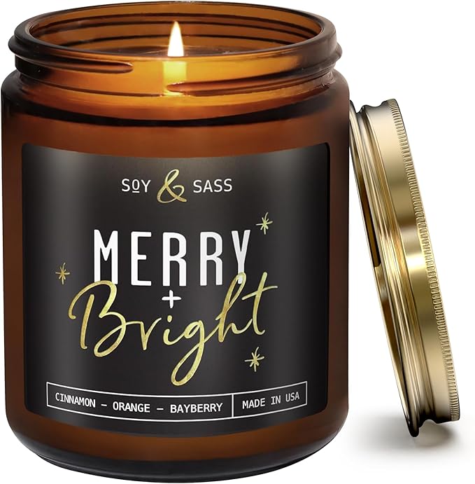 Christmas Candles Scented – ‘Merry & Bright’ Soy Christmas Candle, w/Cranberries, Cinnamon & Orange - Infused with Essential Oils I Holiday Candles I 9oz, 50Hr, Made in USA
