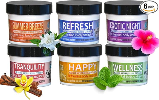 Waters Choice Aromatherapy Spa Salts Sample Pack. Let Spicy Peppermint, Delicious Fruit nectars and Warm Cinnamon Vanilla Relax and Refresh You. Six scents to Delight Your Senses.
