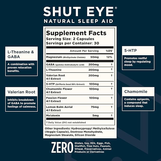 Shut Eye Natural Sleep Aid Supplement for Adults | 5mg Melatonin | Helps Relax and Promote Natural Deep Sleep with Valerian Root, Chamomile & Magnesium | Vegan & Non-GMO | 60 Capsules