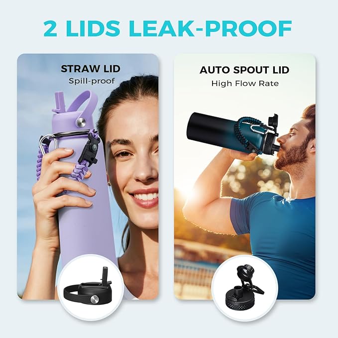 Insulated Water Bottle with Straw - 40 oz Triple Walled Water Bottle with Strap Carrier Bag, Flip Top Lid, Paracord Handle, Protective Cup Mat, Sweat-proof Metal Waterbottle for Sport, Gym, Workout
