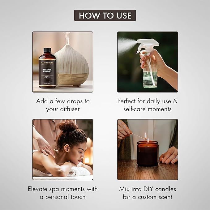 MAJESTIC PURE | Coffee & Roasted Nuts Premium & Free from Mineral Oil | Coffee Flavour, Cocoa Extract, Nutmeg Oil Used in Diffusers, DIY, Self Care | 4 fl oz