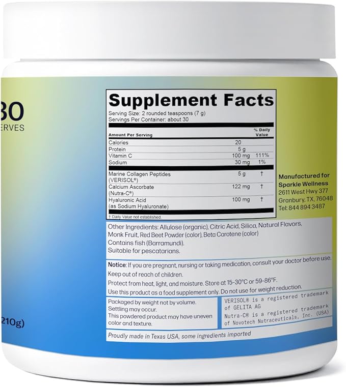 Marine-derived VERISOL Bioactive Hydrolyzed Collagen Peptides | Collagen Powder Supplement with Vitamin C & Hyaluronic Acid | Marine Skin Boost Plus (Peach) [30-Serves]