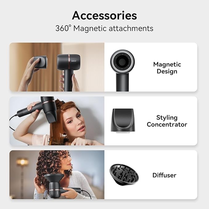 Fast Drying Hair Dryer,Negative Ionic Care Blow Dryer,Less Heat Damage Blow Dryer with High Speed Brushless Motor,Thermo-Control Low Noise with Magnetic Nozzle & Diffuser