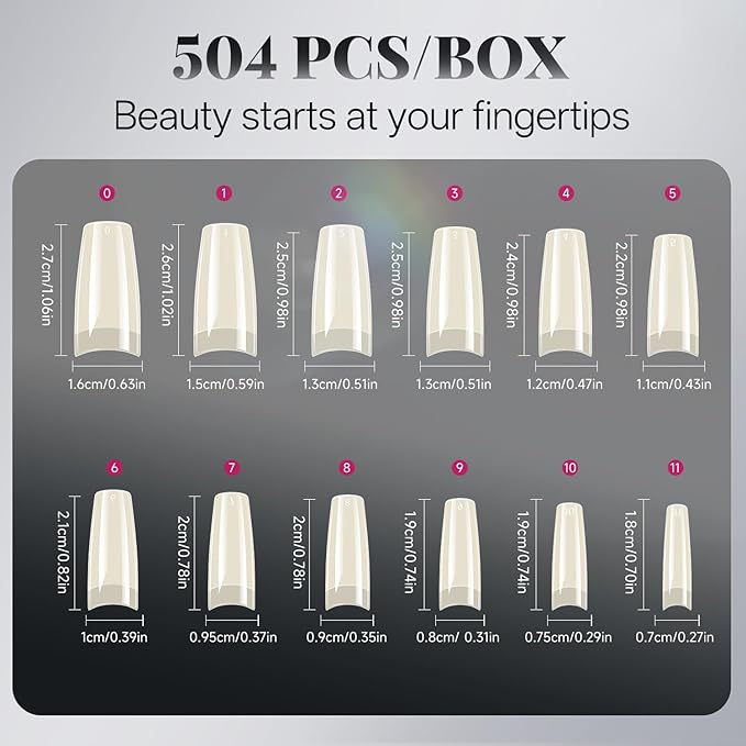 krofaue 504PCS French Nail Tips - Soft Gel Half Cover Fake Nails 12 Sizes Acrylic Square False Tips Natural French Tip Press On Nails Gift for Nail DIY & Salon
