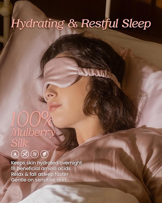 100% Mulberry Silk Sleep Mask, 22 Momme Silk Eyeshade with Adjustable Elastic Band, Blackout Blindfold for Sleeping, Travel & Night