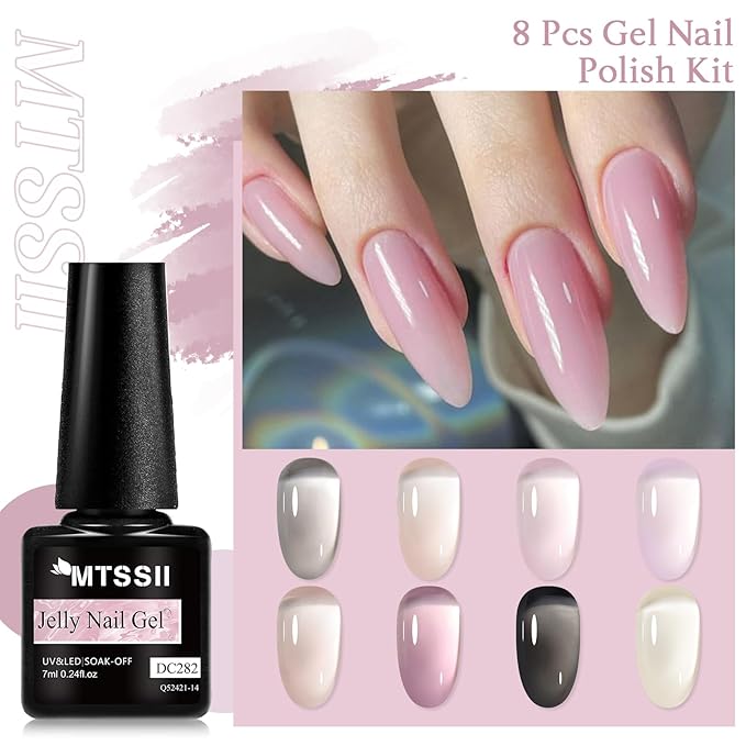 MTSSII 8 Colors Jelly Gel Nail Polish Set, Transparent Nude Pink Black Grey Sheer Nail Polish, UV Gel for Nail Manicure DIY Art Salon Home