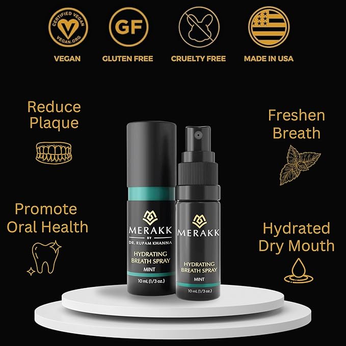 Merakk Dry Mouth Spray Hydrating Fresh Breath Spray (Mint) - Sugar-Free Breath Freshener | Bad Breath Spray W/Xylitol, Stevioside, Menthol - Dentist-Designed- 0.3 fl oz