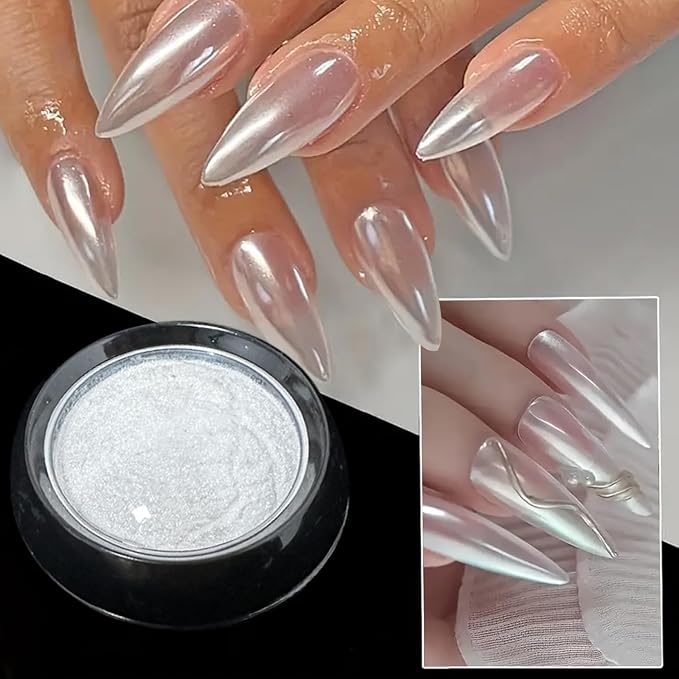 Holographic White Pearl Chrome Nail Powder Mirror Effect Metallic Sequins UV Gel Nail Chrome Powder Pigment for Nail Art Decoration, White Pearl Chrome Powder for Nails