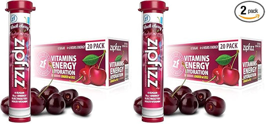 Zipfizz Energy Drink Mix, Electrolyte Hydration Powder with B12 and Multi Vitamin, Black Cherry, 20 Count (Pack of 2)