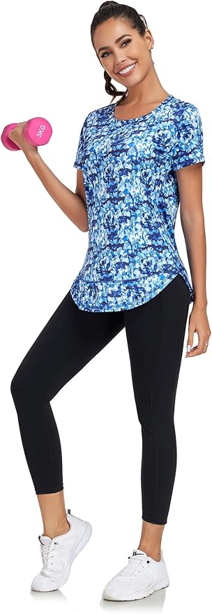 Women's Short Sleeve Workout Shirts Crewneck Sports Yoga Running Dry Fit Tops Side Split Tee